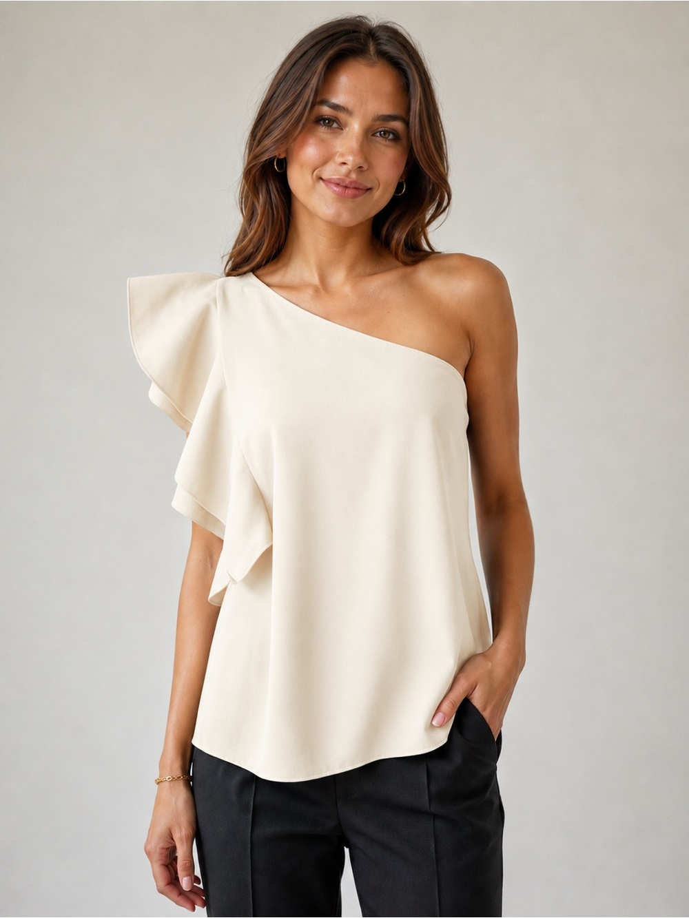 BANANA REPUBLIC ONE SHOULDER RUFFLE TOP IN CREAM SIZE LARGE NWT